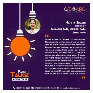 Namita Shashi mother of shaashi S.N , Grade K.G Parent Testimonial-Cyboard School