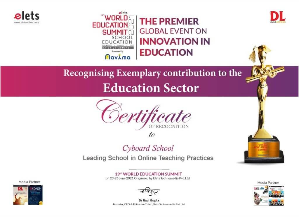 Certificate of Recognising to Cyboard School leading School in online teaching practices