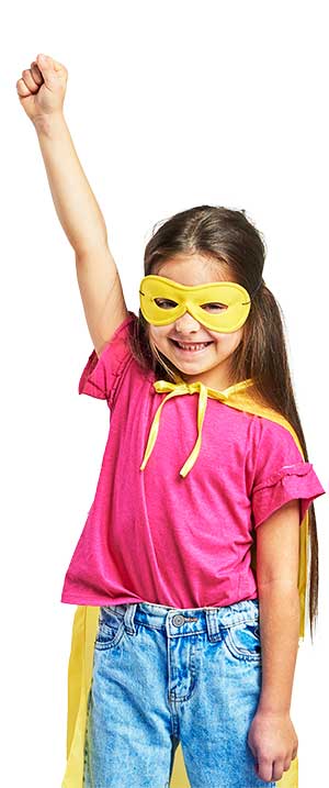 A young girl dressed in a superhero costume is participating in a Cyboard online school class