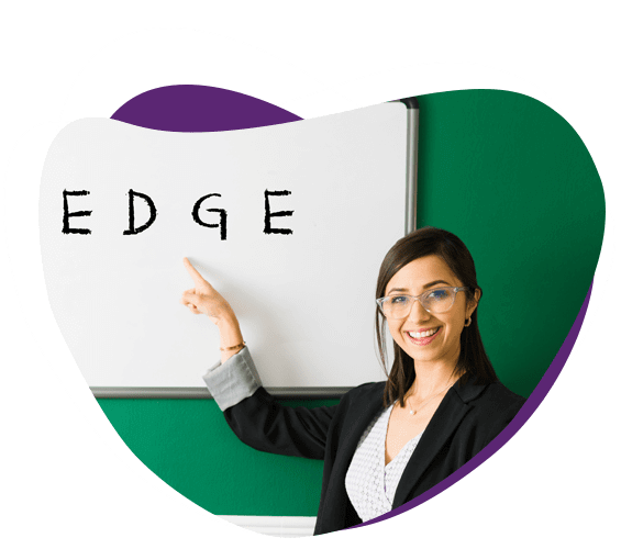 A teacher is teaching the meaning of the word 'edge' to a group of children during an online school -Cyboard School