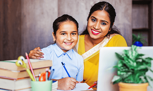 She is studying online in cyboard school with the help of her mother