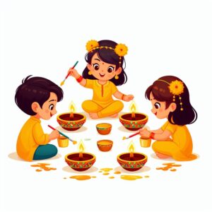 All kids are painting diya for diwali