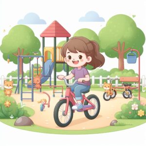 Girl is riding a bicycle in playground