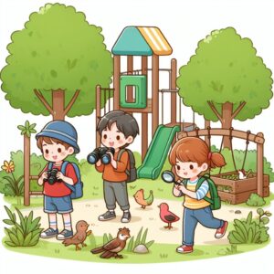 Kids are clicking photos and Nature Scavenger Hunt in Playground