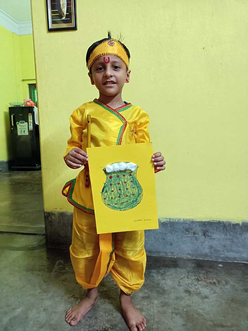 He is wearing a dress of Lord Krishna for Cyboard School janmashtami Celebration 2023