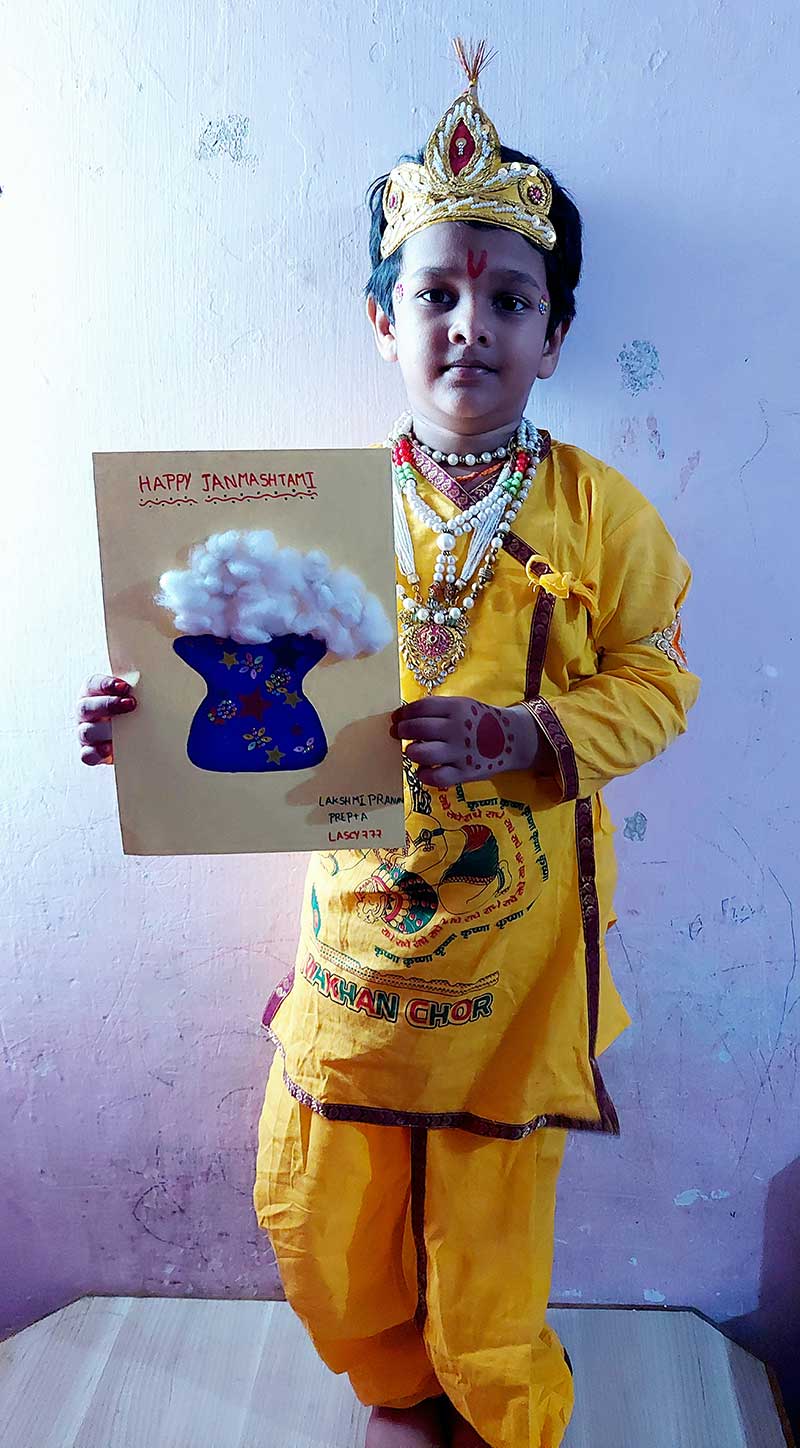 He is wearing a dress of Lord Krishna for Cyboard School janmashtami Celebration 2023