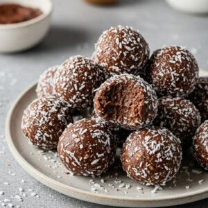 Fireless cooking, peanut butter oats bliss balls coated with coconut as a nutritious energy snack for kids.
