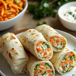 easy no-flame tortilla veggie wraps filled with colorful vegetables, cheese, and creamy dressing for kids' snack.