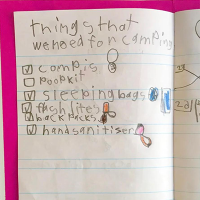 cute handwritten camping list by a kid - Journal Writing