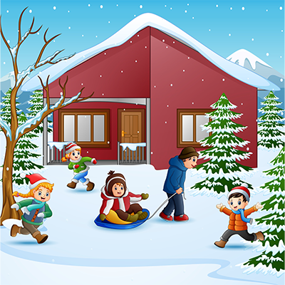 Kids playing outdoors in snow - Winter Vacation