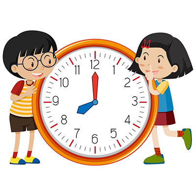 Two happy kids with a big clock - time management