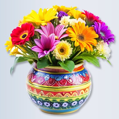 Painted flower pot with vibrant flowers
