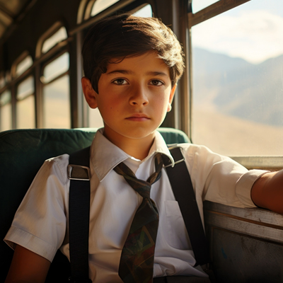 a kid in sadness in a school bus for travelling unnecessarily