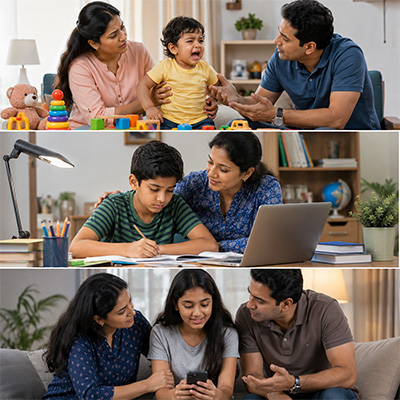 Parenting challenges by age in Indian families from toddler tantrums to academic pressure and teenage social media stress.