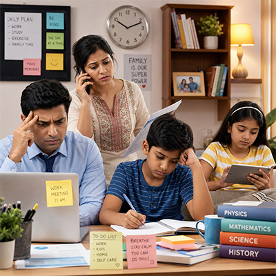 Indian parents managing modern parenting challenges at home while balancing work, academic pressure, screen time, and emotional stress with their children.