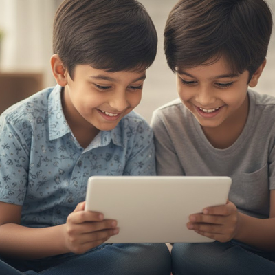 Children reading interactive digital comics on a tablet, showing how technology is making reading fun and engaging for young learners.