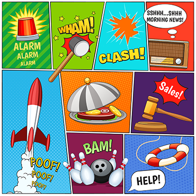 Open comic book with colorful panels and speech bubbles illustrating visual storytelling