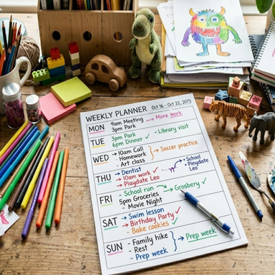 Weekly plan of activities for kids, including indoor, outdoor, and creative games