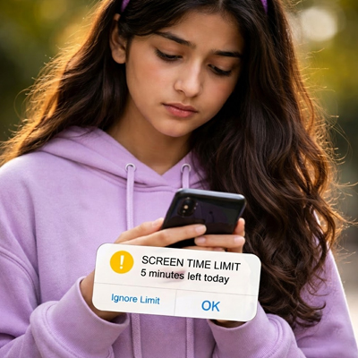 Teen using social media with screen time limits and parental control app alerts promoting social media safety for teens