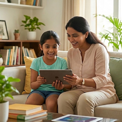 Child studying with phone nearby while parent supervises or guides