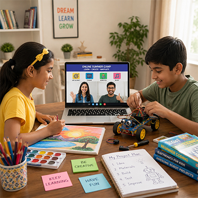 Children learning creative and technical skills in an online summer camp