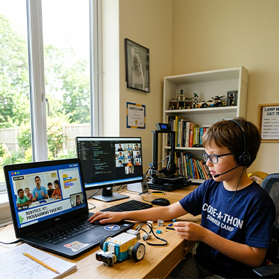 Child attending a live online summer camp class from home