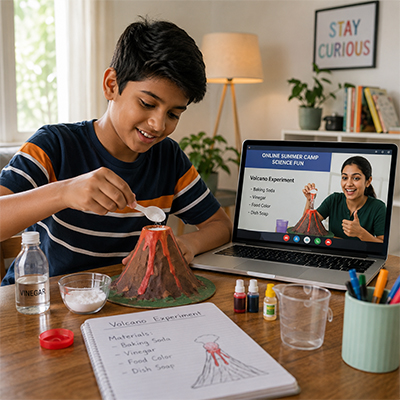 Child creating a hands-on science project learned during an online summer camp session