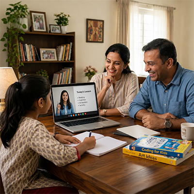 Parents choosing flexible online summer camps for productive learning at home