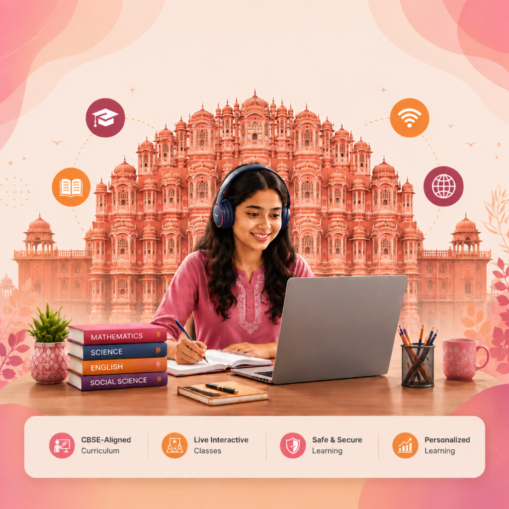 Jaipur student attending CBSE online classes from home with Hawa Mahal background