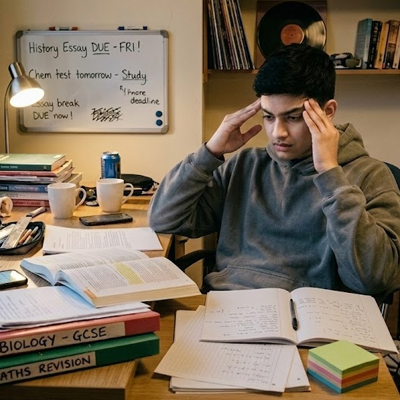 Teenager displaying emotional and behavioural signs of student burnout at home