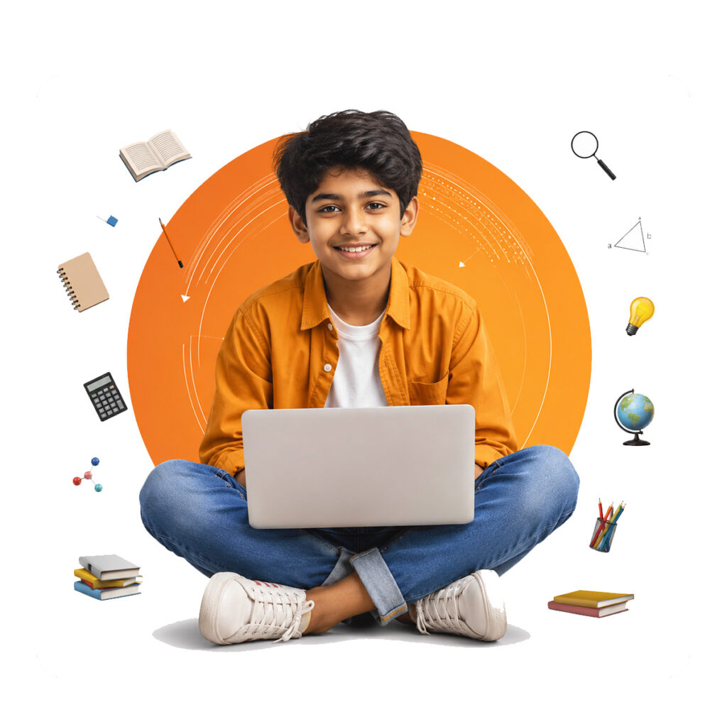 Indian school student studying online on laptop with modern digital learning setup, creative orange background, and floating educational study materials.