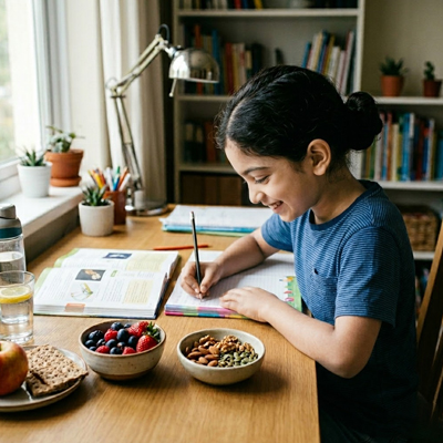 Child studying with healthy brain food that supports nutrition for learning and concentration