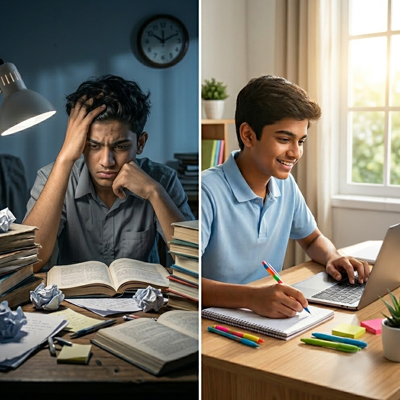 A side-by-side comparison of a focused student and a stressed student, illustrating the importance of building strong concentration in studies.