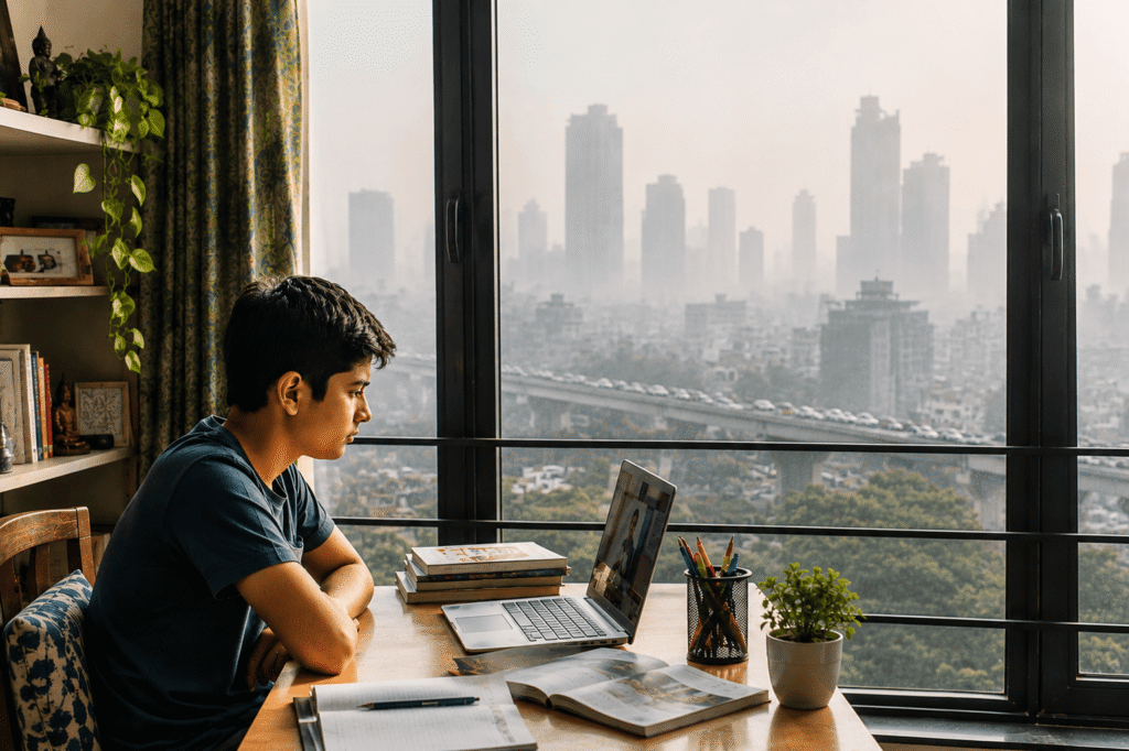 Delhi AQI school closure forcing Indian student to attend online classes from home during severe air pollution and smog in Delhi NCR.