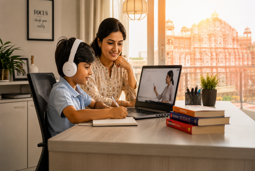 Mother helping child attend online classes at home in Jaipur during extreme summer heat