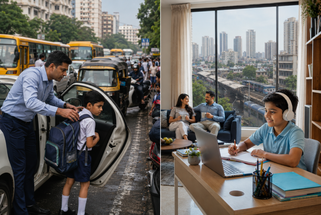 Comparison of traditional Mumbai school commuting costs and affordable online school learning from home