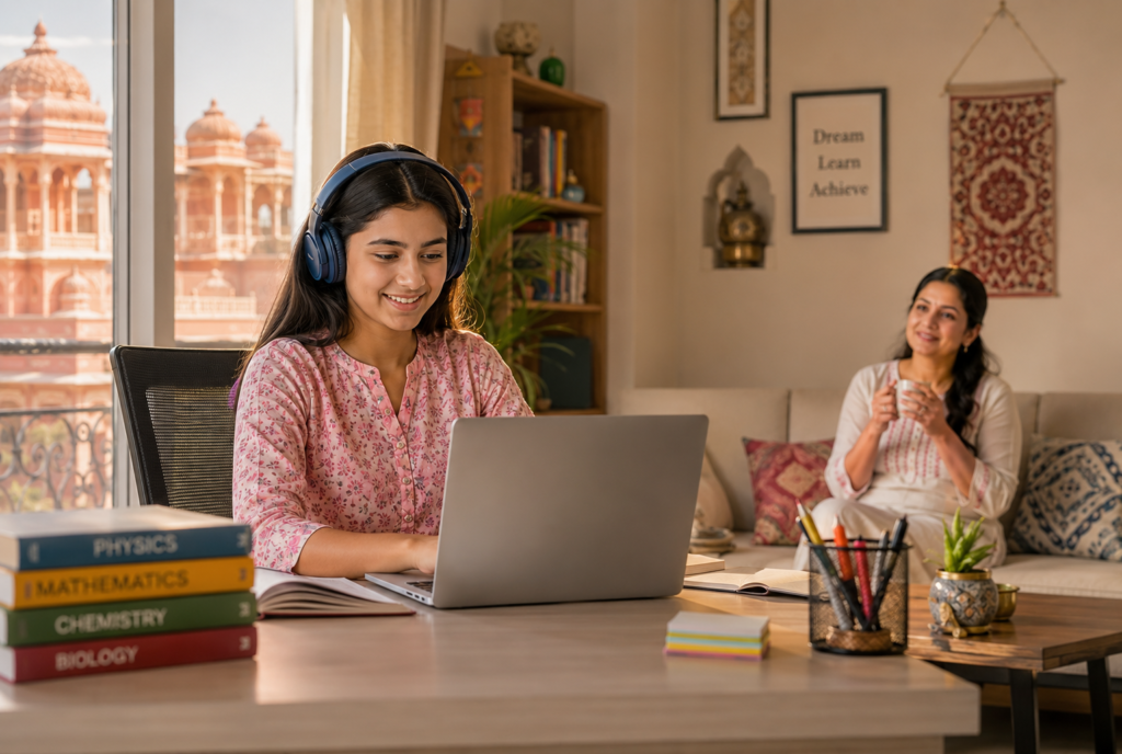 Girl student attending online classes safely from home in Jaipur with secure learning environment