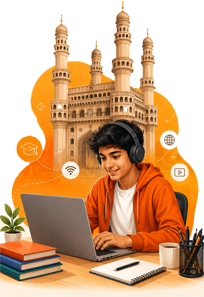 Student attending online school in Hyderabad with laptop and Charminar background illustratio