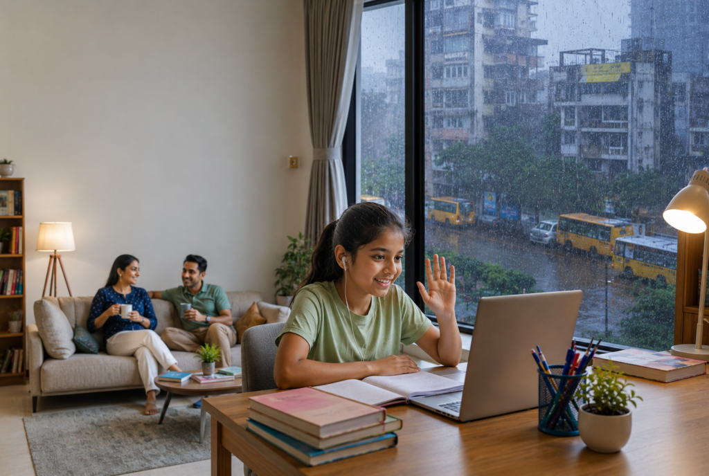 Kolkata student attending live online school classes from home during monsoon rainfall and flooded roads
