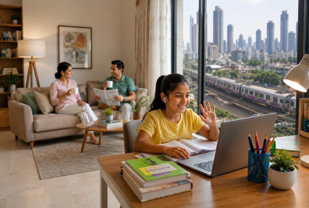 Mumbai student attending a live online school class from home without daily train and traffic commute