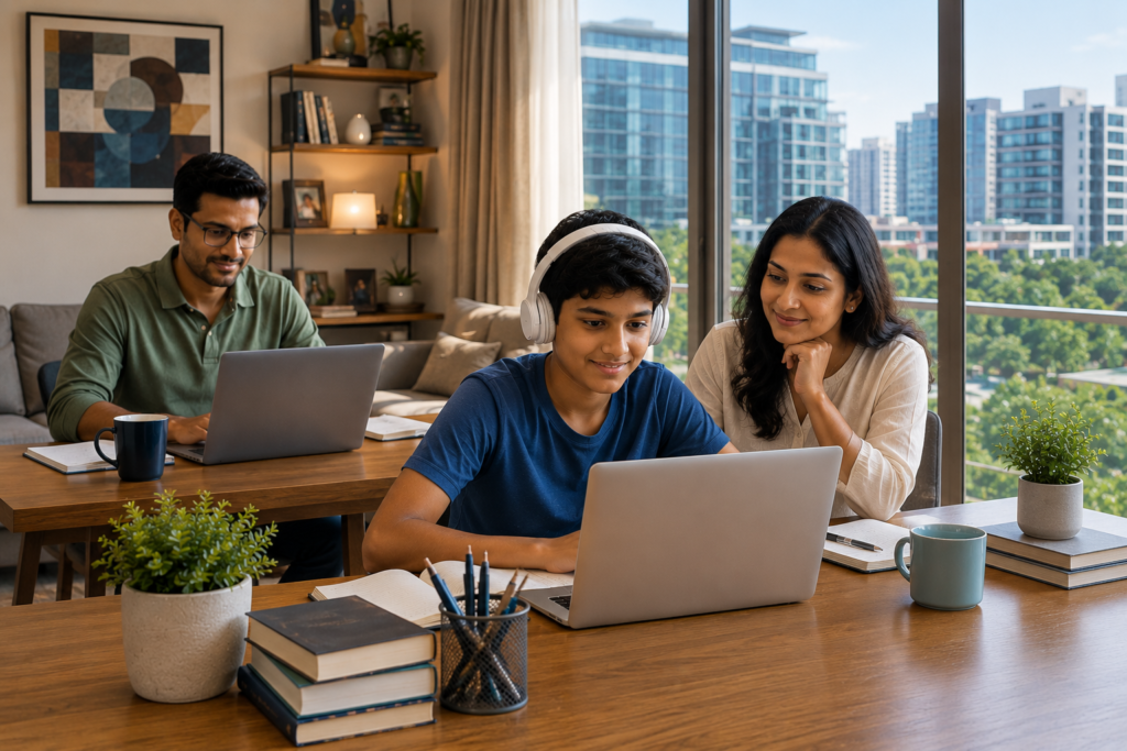 Tech-savvy Hyderabad family choosing CBSE online school for flexible and balanced learning in Gachibowli and Hi-Tec City