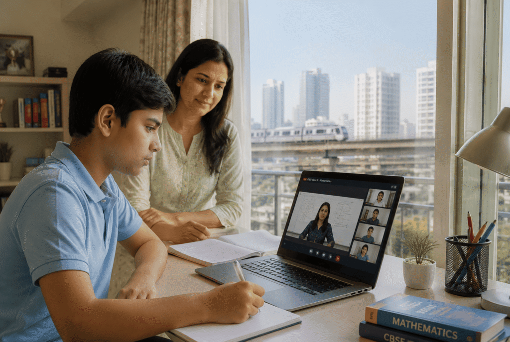 Pune family observing child attending structured live online classes from home