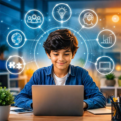 Student learning 21st-century skills for future careers, including communication, problem-solving, creativity, and digital literacy.