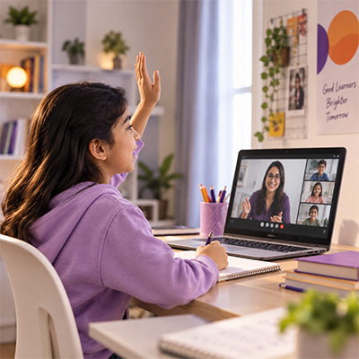 Child confidently speaking up in an online classroom shows the importance of life skills for students
