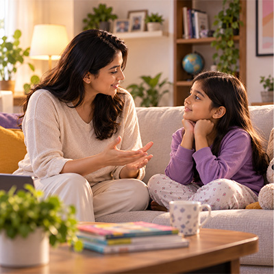 Parent and child having conversation at home, building life skills through everyday moments