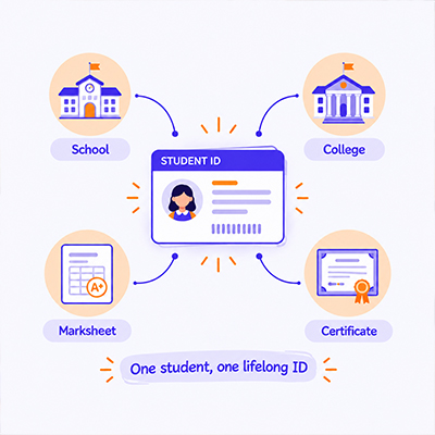 Illustration of one lifelong student ID connecting a student’s school, college, marksheet, and certificates.