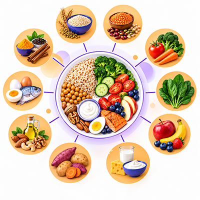 Infographic showing the ten food groups in a balanced diet chart for kids