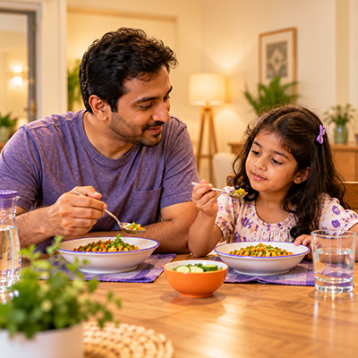 Indian father sitting calmly beside his young daughter, trying new vegetables alongside favourite meals