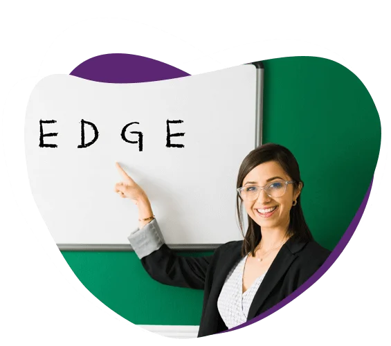 A teacher is teaching the meaning of the word 'edge' to a group of children during an online school -Cyboard School